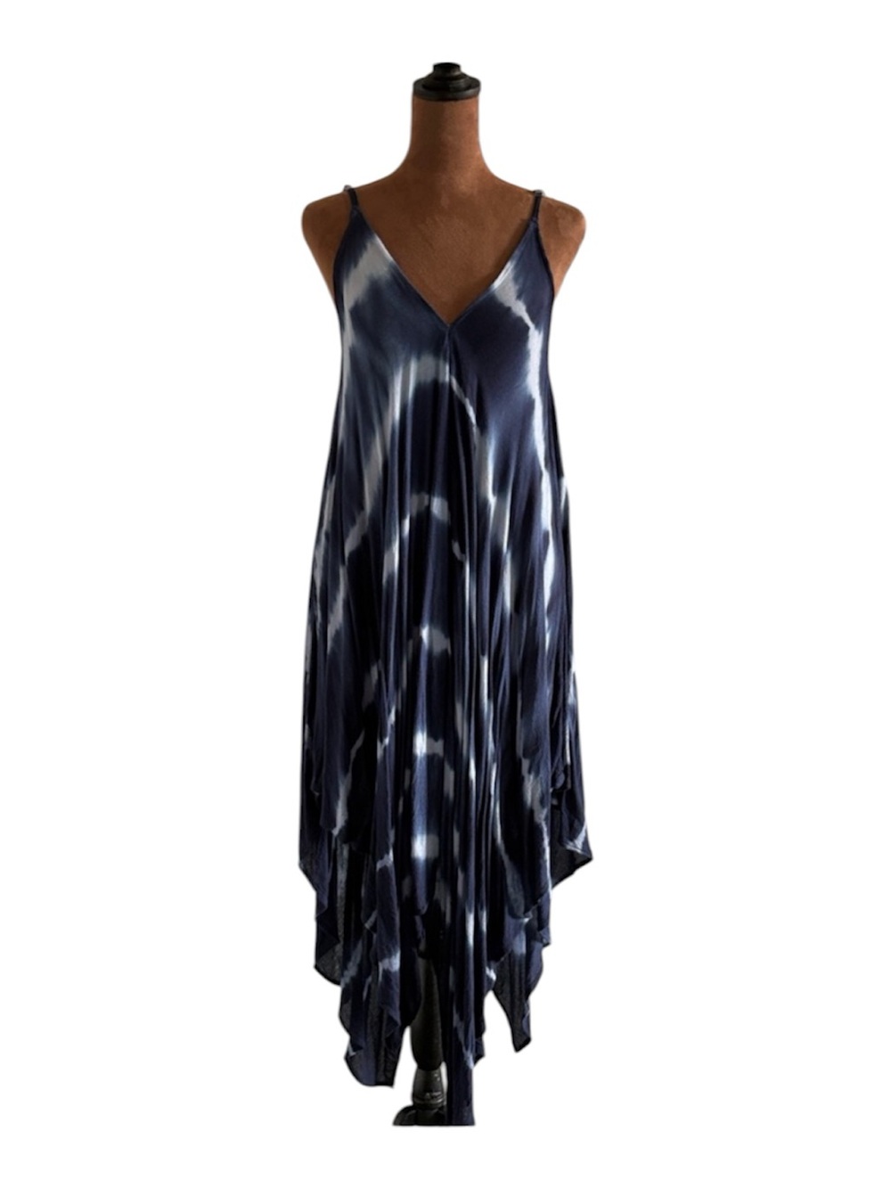 Navy & White Tie-Dye Boho V-Neck Slip Dress - beach coverup / resortwear - M